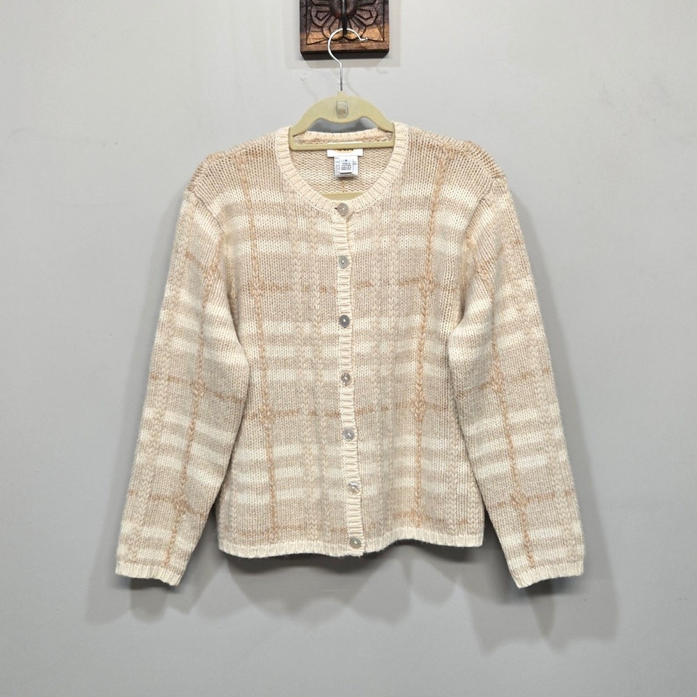 Vintage 90s Talbots Cardigan Sweater Medium Lambswool‎ Angora Beige Plaid Preppy